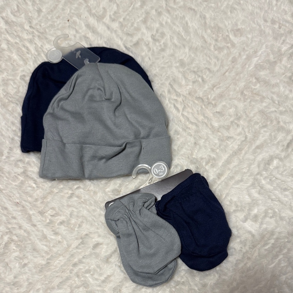 Gerber Navy and Gray Baby Hat and Mitten Set